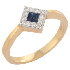 Natural Blue Sapphire Diamond Dainty Square Ring Set in 18k Solid Yellow Gold
