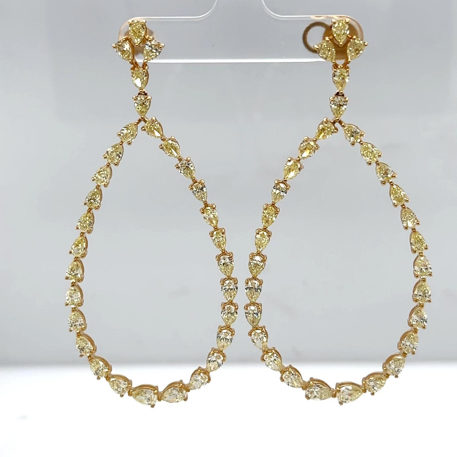 Women's 18K Yellow Gold Dangling Earrings Featuring 10.95ct in Yellow Pear Cut Diamonds For Sale