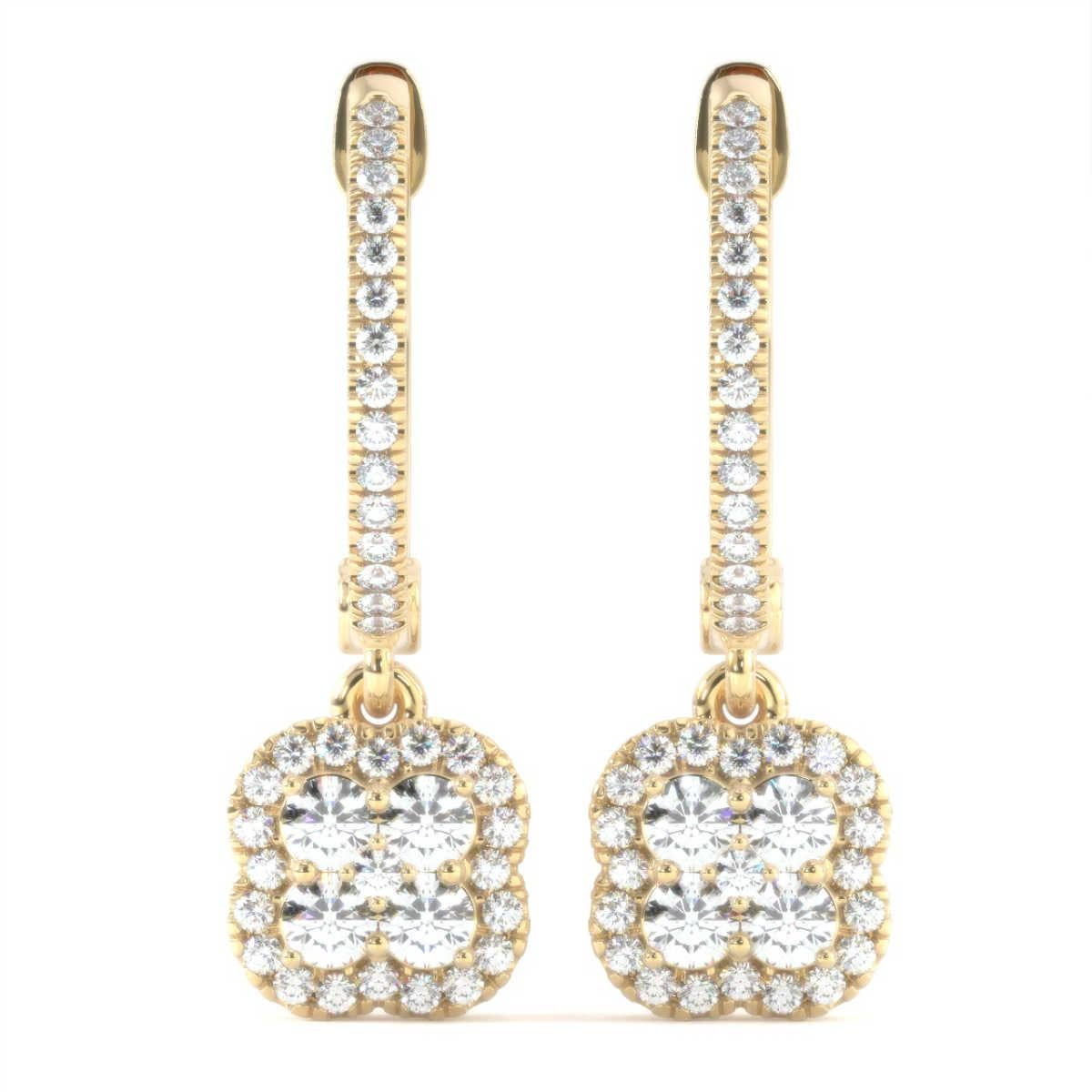 Round Cut 18 Karat Yellow Gold Dangling Floral Halo Diamond Earrings '2/3 Carat' For Sale