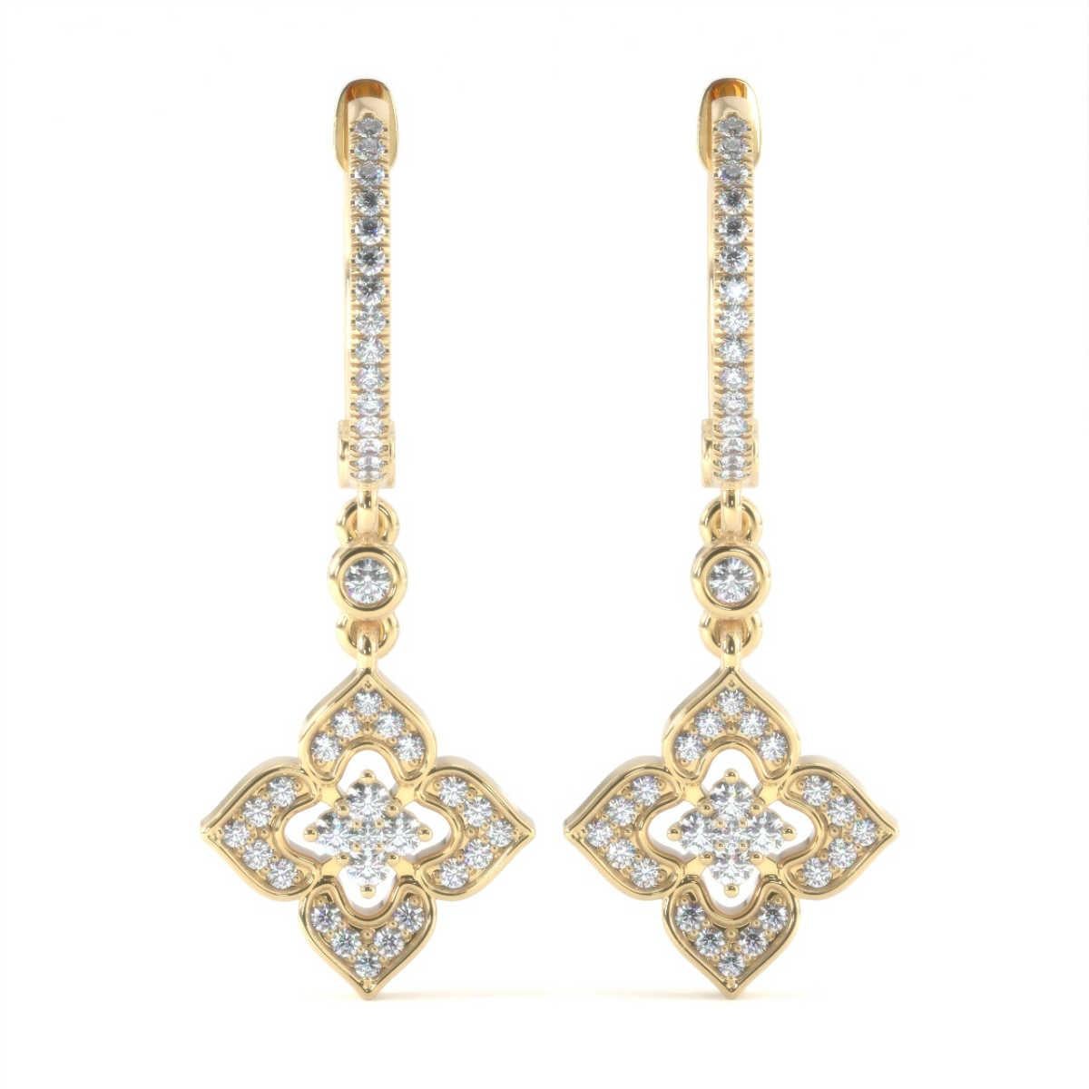 Round Cut 18 Karat Yellow Gold Dangling Halo Diamond Earrings '2/5 Carat' For Sale