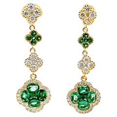 18K Yellow Gold Dangling Quatrefoil Earrings Alternating Diamonds & Emeralds