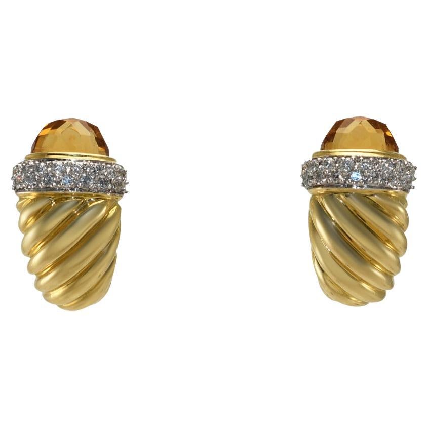 18K Yellow Gold David Yurman Cable Diamond and Citrine Earrings, 13.6g ...