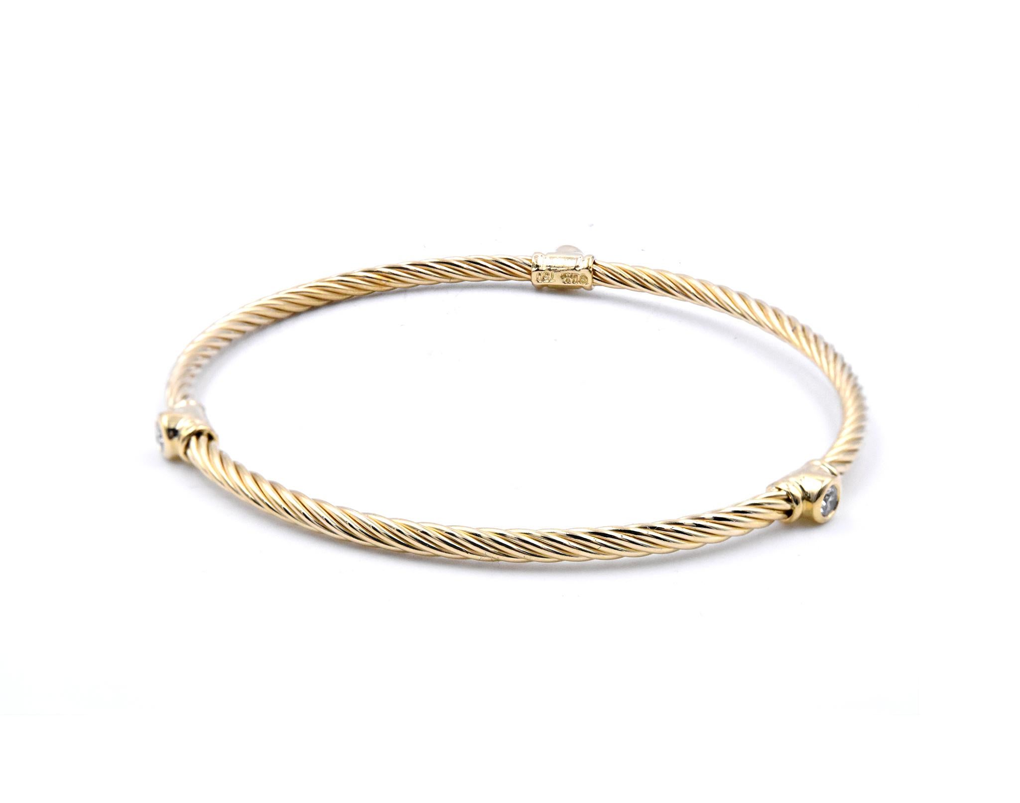 Designer: David Yurman
Material: 18k yellow gold
Diamonds: 3 round brilliant cuts = 0.30cttw
Color: G
Clarity: VS2
Dimensions: the bracelet measures 7.5 inches in length and 2.90mm in width
Weight: 10.25 grams
