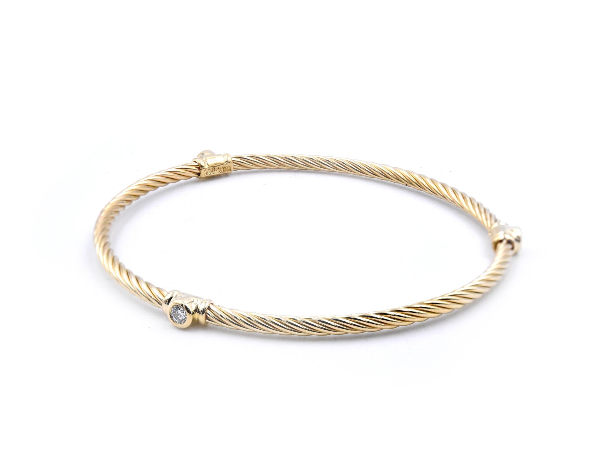 Round Cut 18 Karat Yellow Gold David Yurman Diamond Cable Bangle Bracelet