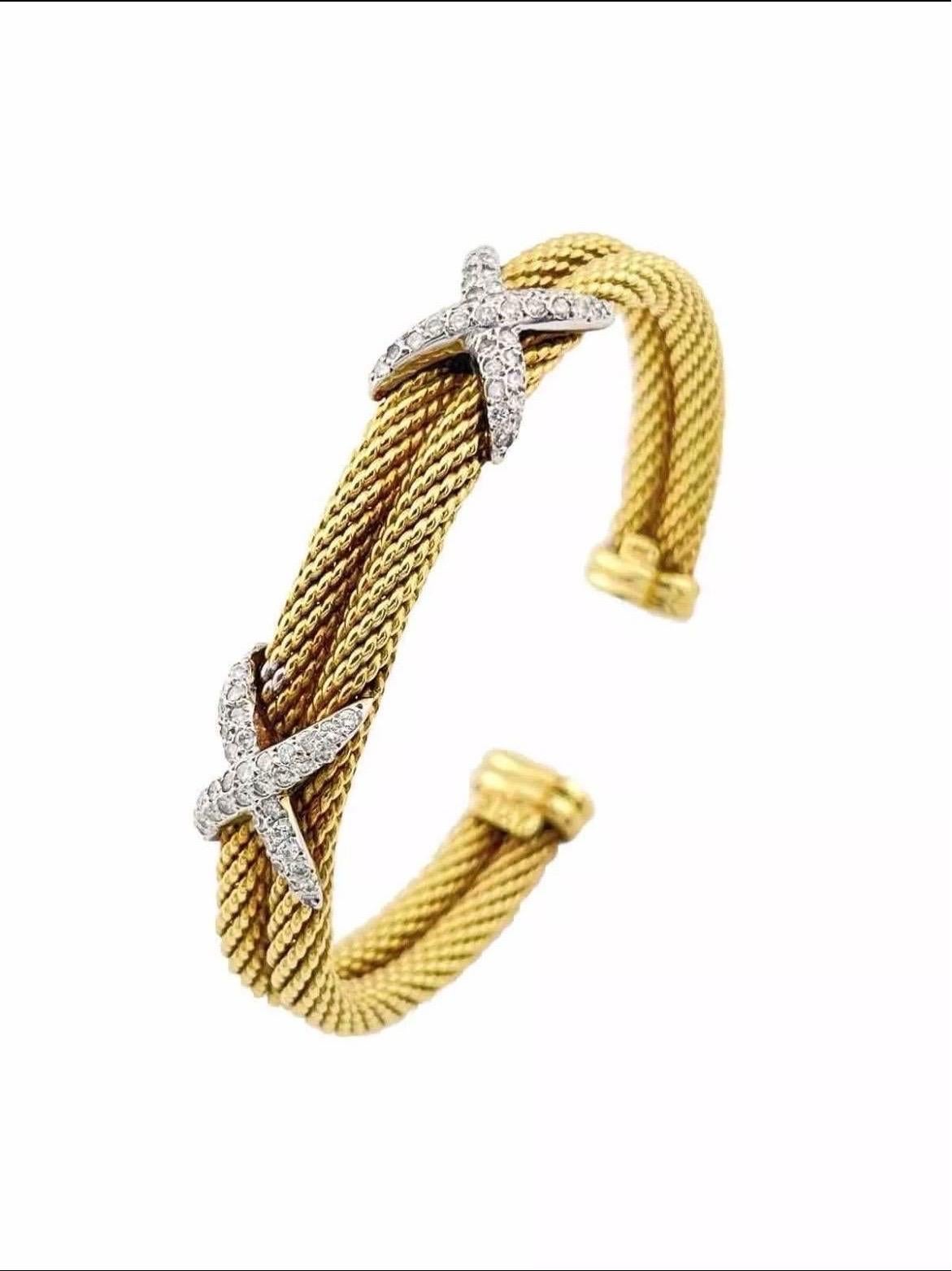 David Yurman Bracelet manchette double ouverte à câbles en or jaune 18 carats avec diamants Bon état - En vente à Boca Raton, FL