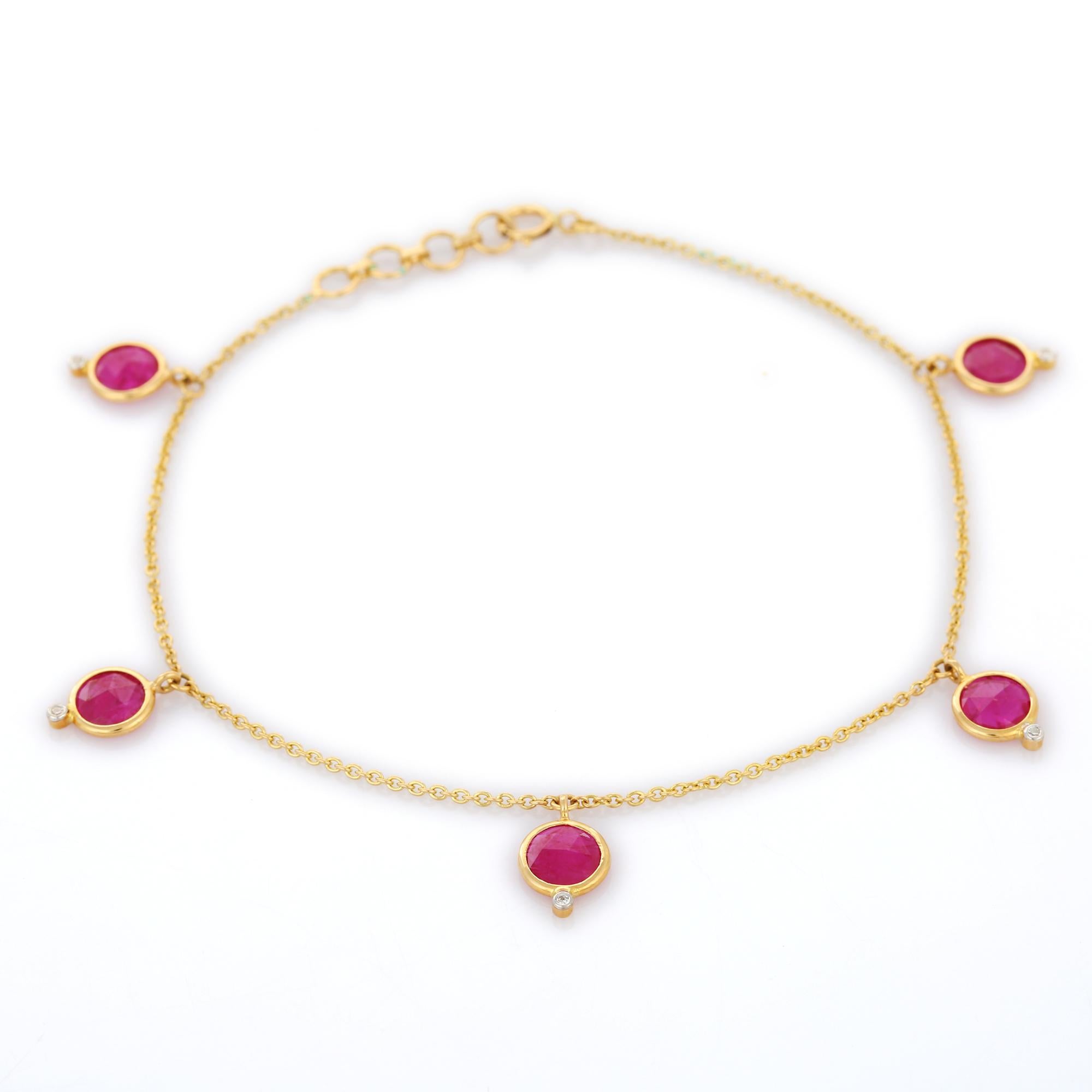 Women's 18K Yellow Gold Chain Bracelet with Dangling Ruby Diamond Charm For Sale