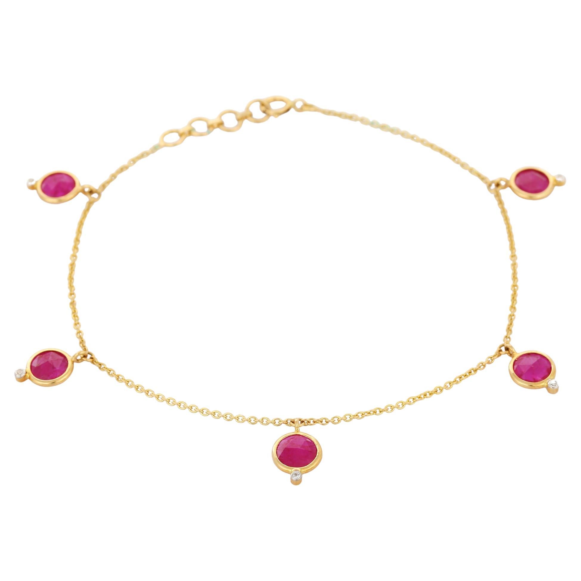 18K Yellow Gold Chain Bracelet with Dangling Ruby Diamond Charm For Sale