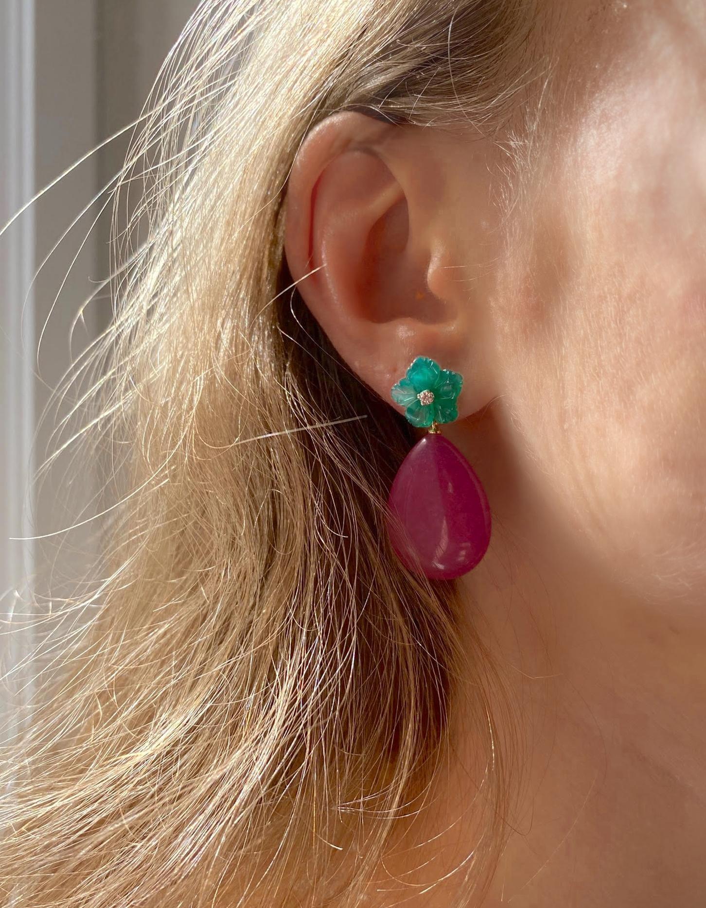 Rossella Ugolini Design Collection, beautiful dangle earrings entirely handcrafted in 18 karats Yellow gold and enriched with Intense deep red Jade drops, green agate flowers and a 0.06 carat white Diamonds.  Joyful colors are perfect to improve