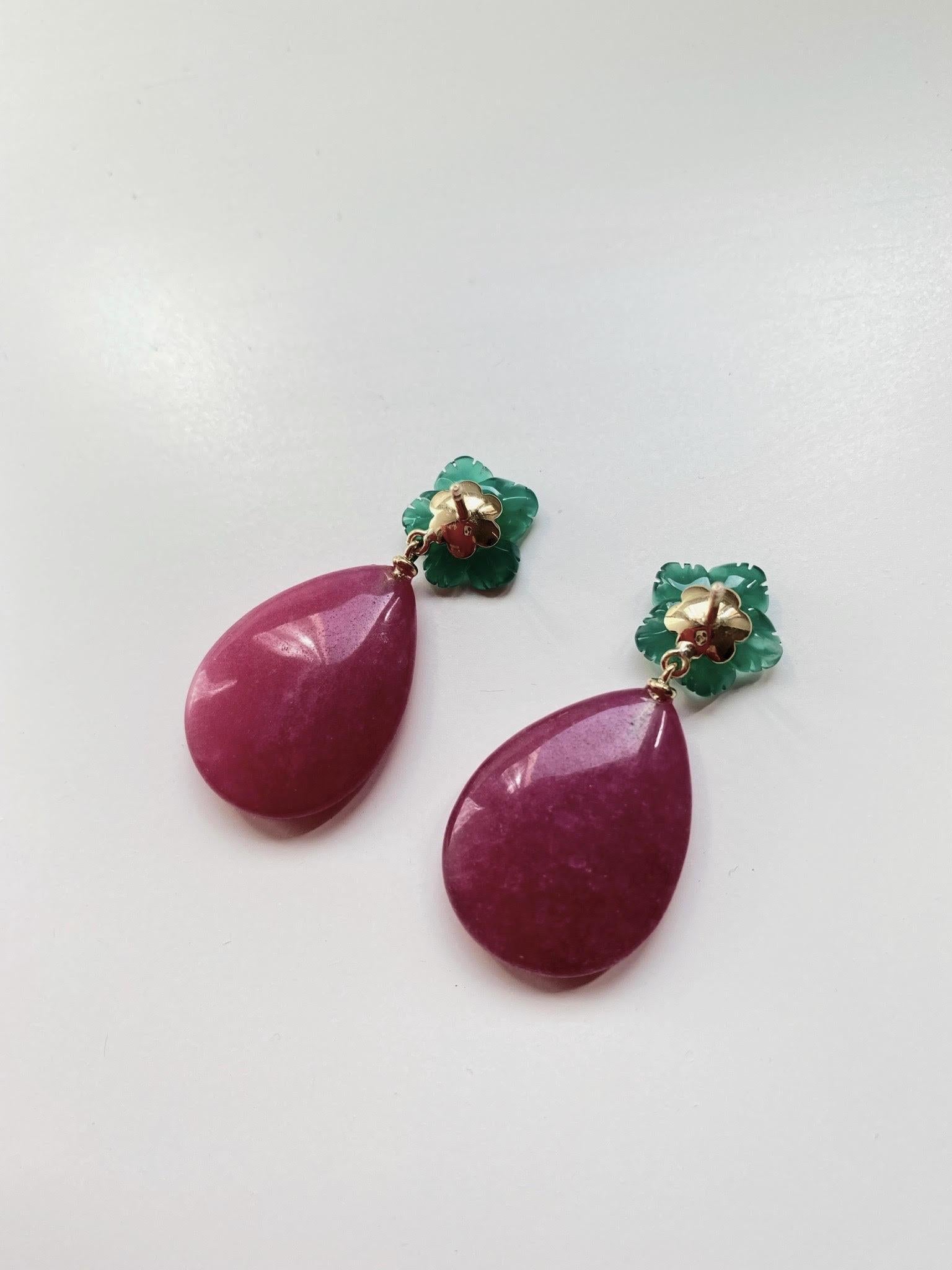 Women's 18K Yellow Gold Deep Red Jade Green Agate Diamonds Happy Flower Dangle Earrings