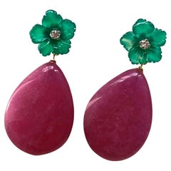 18K Yellow Gold Deep Red Jade Green Agate Diamonds Happy Flower Dangle Earrings