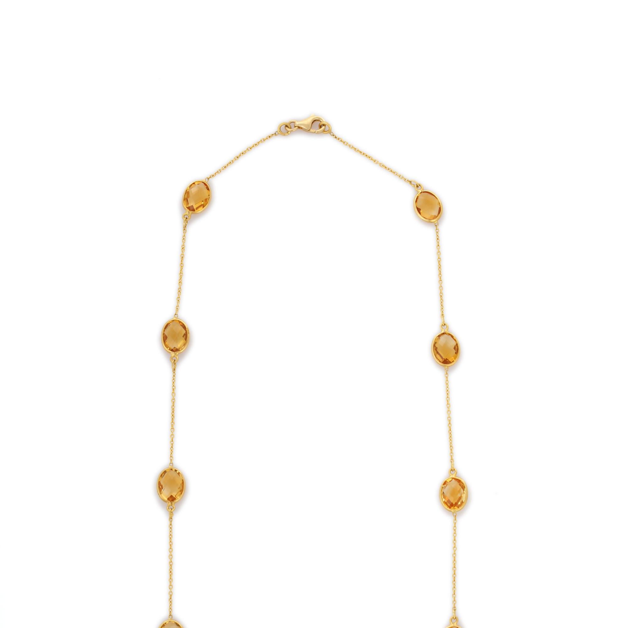 Citrine Chain Necklace in 18K Gold studded with oval cut citrine gemstones.
Accessorize your look with this elegant citrine chain necklace. This stunning piece of jewelry instantly elevates a casual look or dressy outfit. Comfortable and easy to