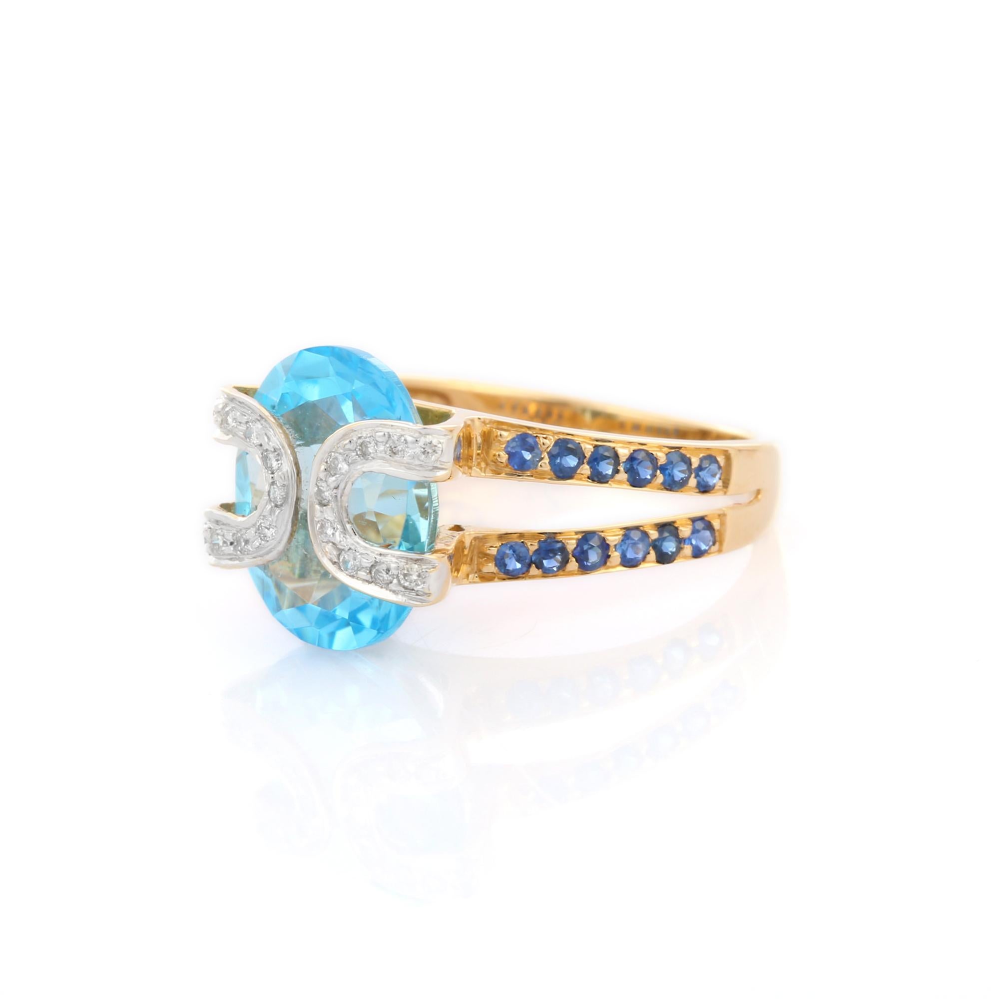 18 Karat Gelbgold Designer-Cocktailring mit blauem Topas, Saphir und Diamanten () 2