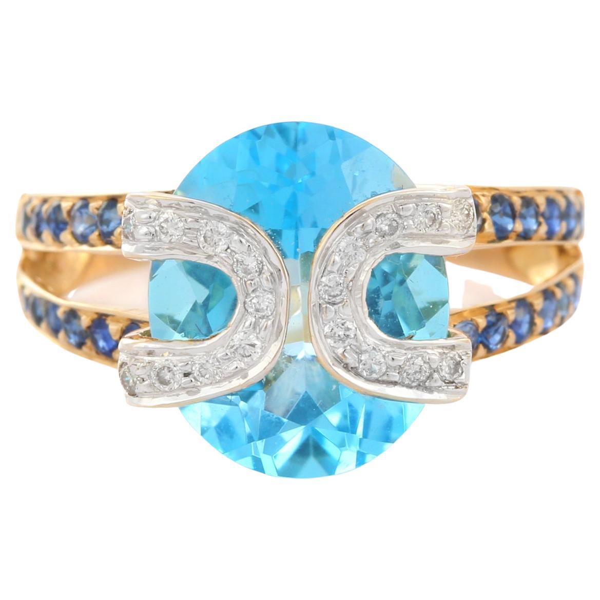 18K Yellow Gold Designer Blue Topaz Cocktail Ring with Sapphire and Diamonds
