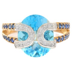 18K Yellow Gold Designer Blue Topaz Cocktail Ring with Sapphire and Diamonds