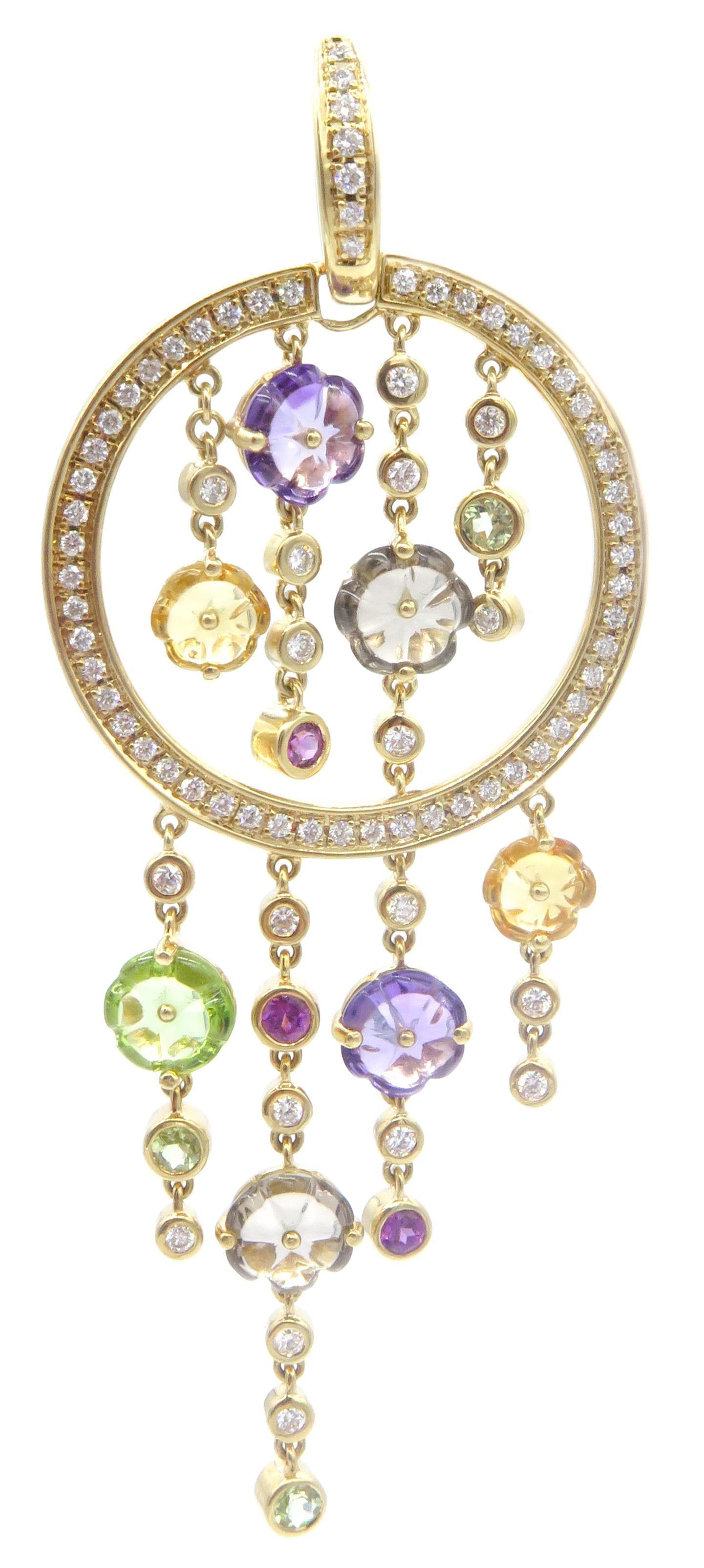 Ein wunderschönes Paar Di Modolo Diamantohrringe aus der Tempia Kollektion, hergestellt in Italien. Diese tropfenförmigen Ohrringe aus 18 Karat Gelbgold zeichnen sich durch eine Kombination aus Edelsteinen und Halbedelsteinen aus, die sich zu diesen