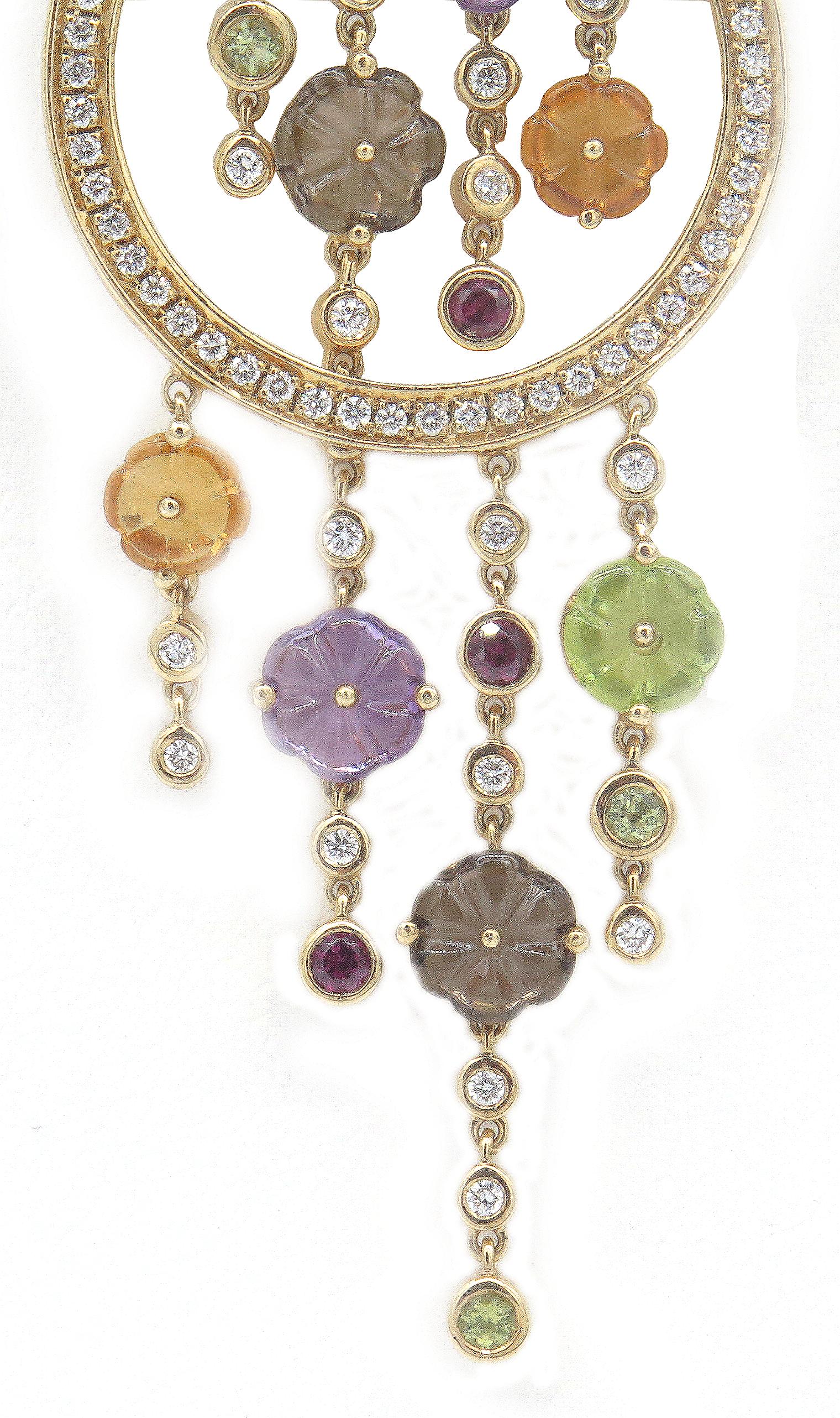 Made in Italy, this beautiful and colorful Di Modolo necklace pendant is from the Tempia Collection. This 18K yellow gold pendant features a combination of precious and semi-precious stones that come together to create this intricate design. Tiny