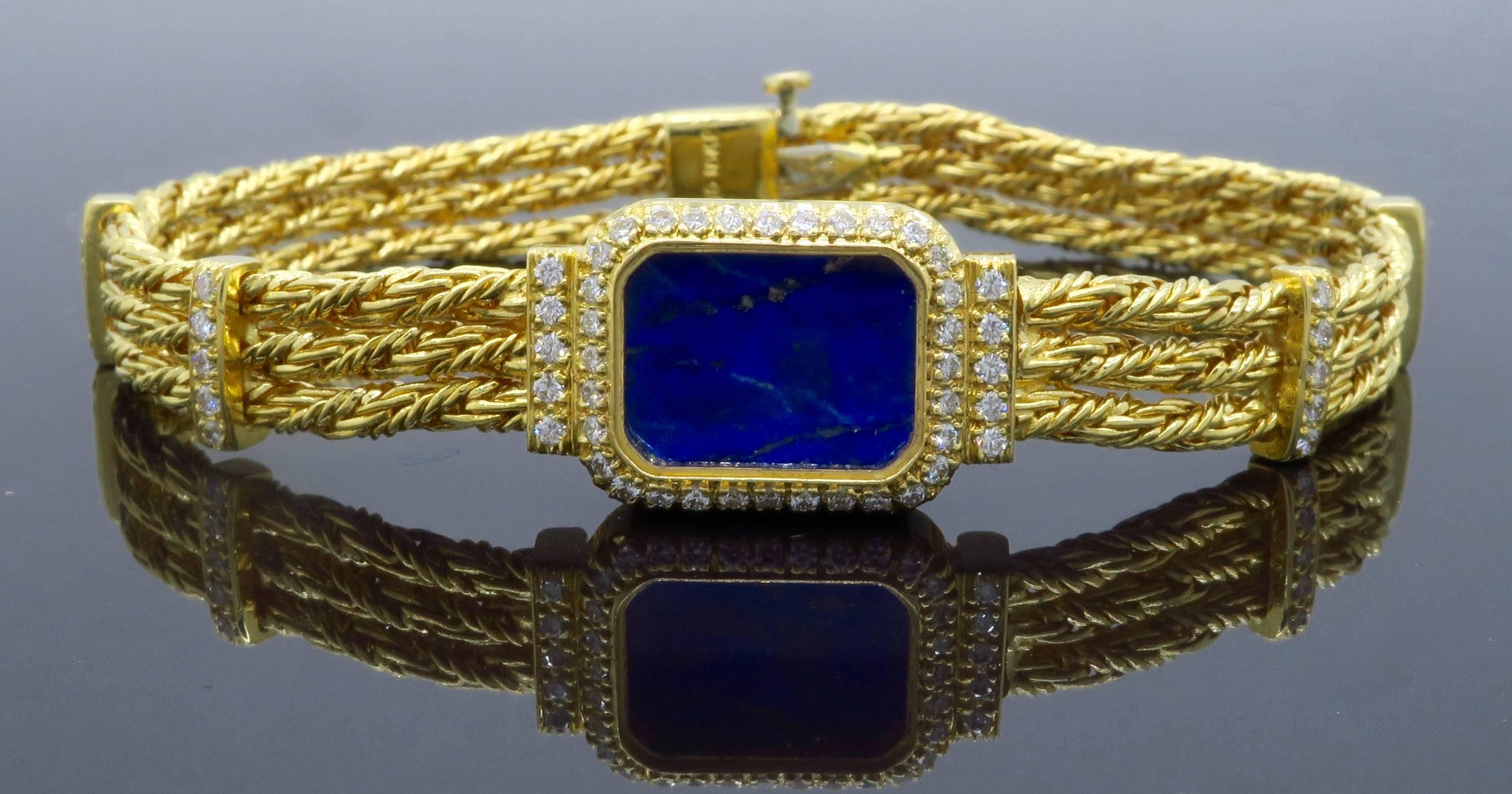 18 Karat Yellow Gold Diamond and Lapis Lazuli Bracelet In New Condition In Webster, NY
