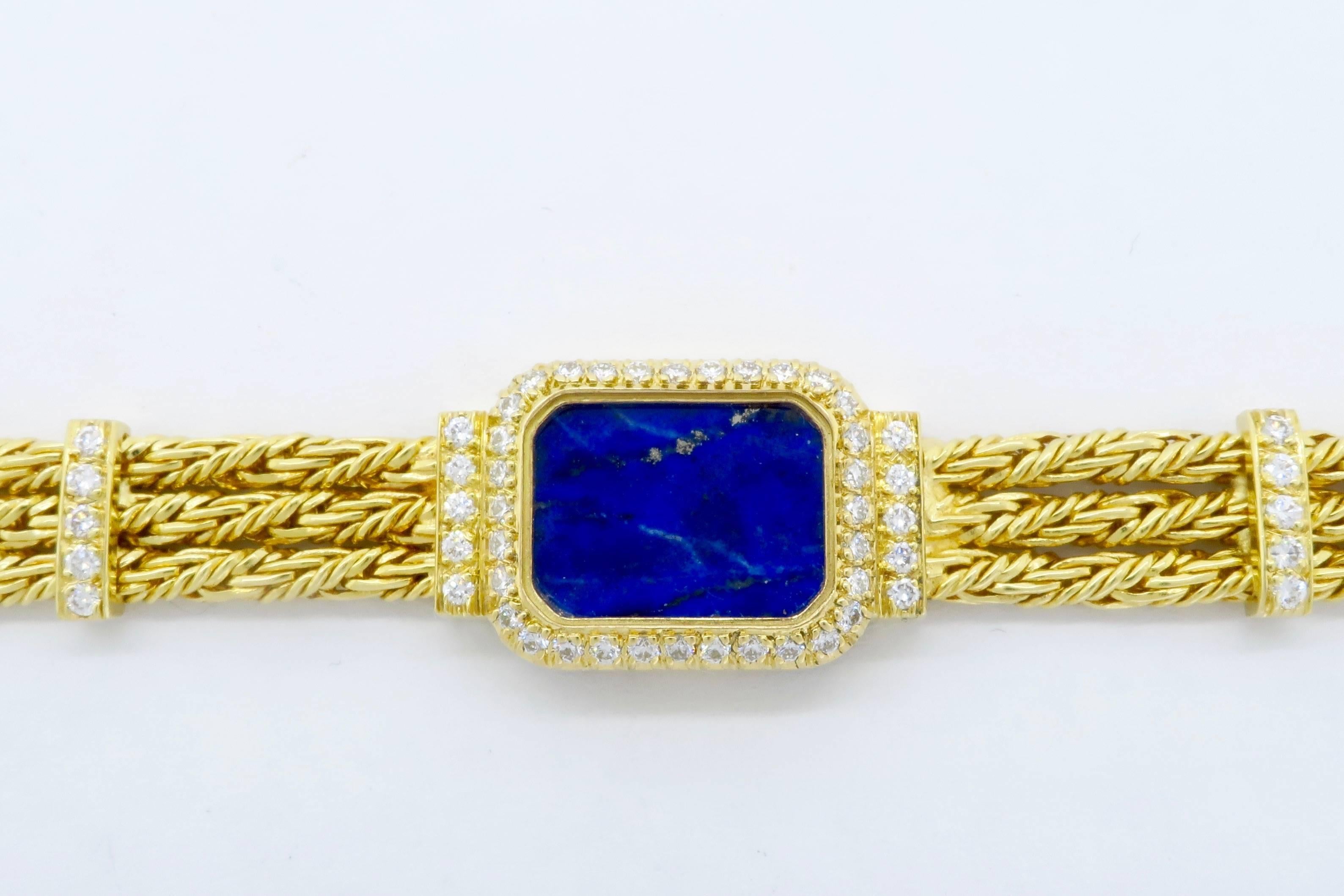 Women's or Men's 18 Karat Yellow Gold Diamond and Lapis Lazuli Bracelet