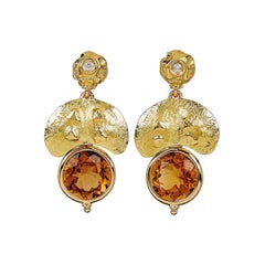 18k Yellow Gold Diamond 0, 05 ct  Citrine Dangle Drop Earrings