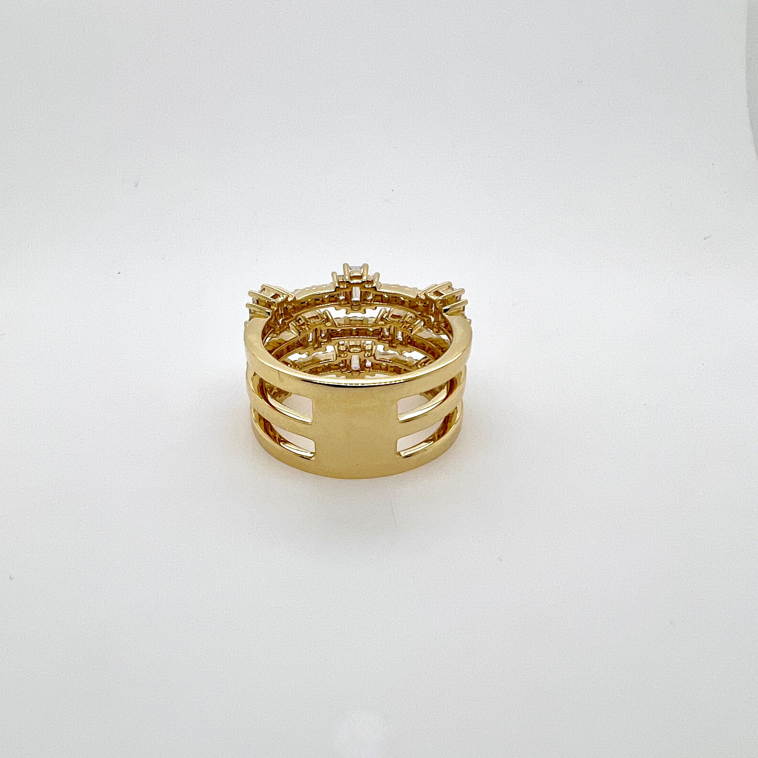 Contemporary 18k Yellow Gold Diamond 3 Row Band Ring For Sale