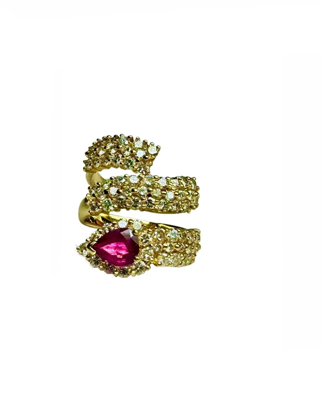 Bague en or jaune 18 carats avec rubis en forme de poire de 3,64 carats, certifié GIA, sans chaleur en vente 5