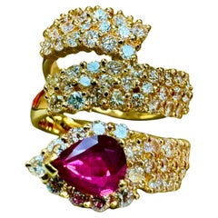 18K Yellow Gold Diamond GIA Certified No Heat 3.64 Carat Pear Shape Ruby Ring