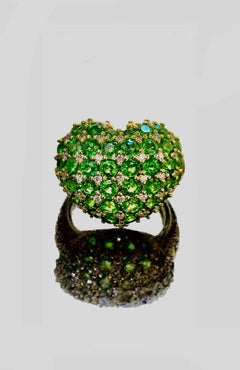18K Yellow Gold Diamond 5.24 Carat Tsavorite Garnet Heart Ring