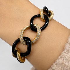 18K Yellow Gold Diamond and 29.51 Carat Onyx Link Bracelet - 8 Inches