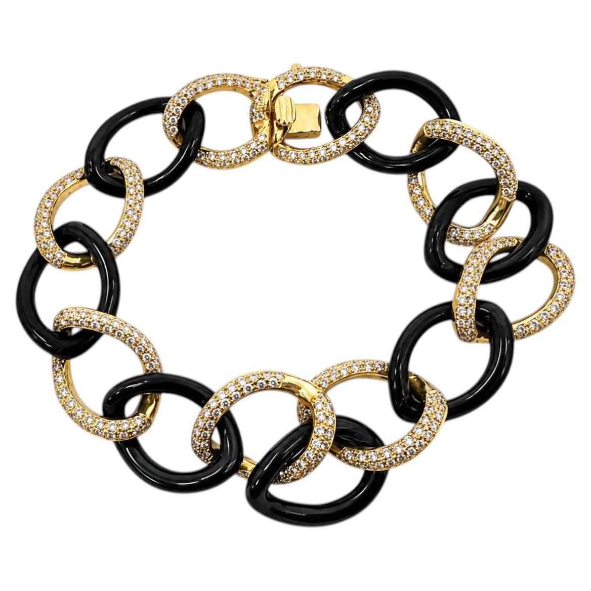 18K Yellow Gold Diamond and 29.51 Carat Onyx Link Bracelet - 8 Inches