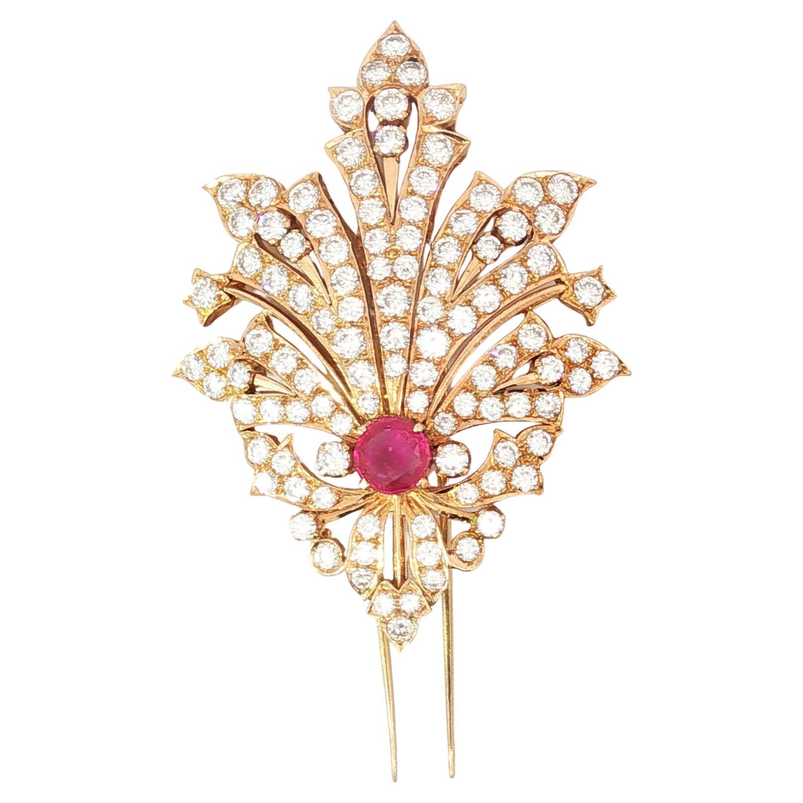 18k Yellow Gold Diamond and AGL Certified Burmese Ruby Pin
