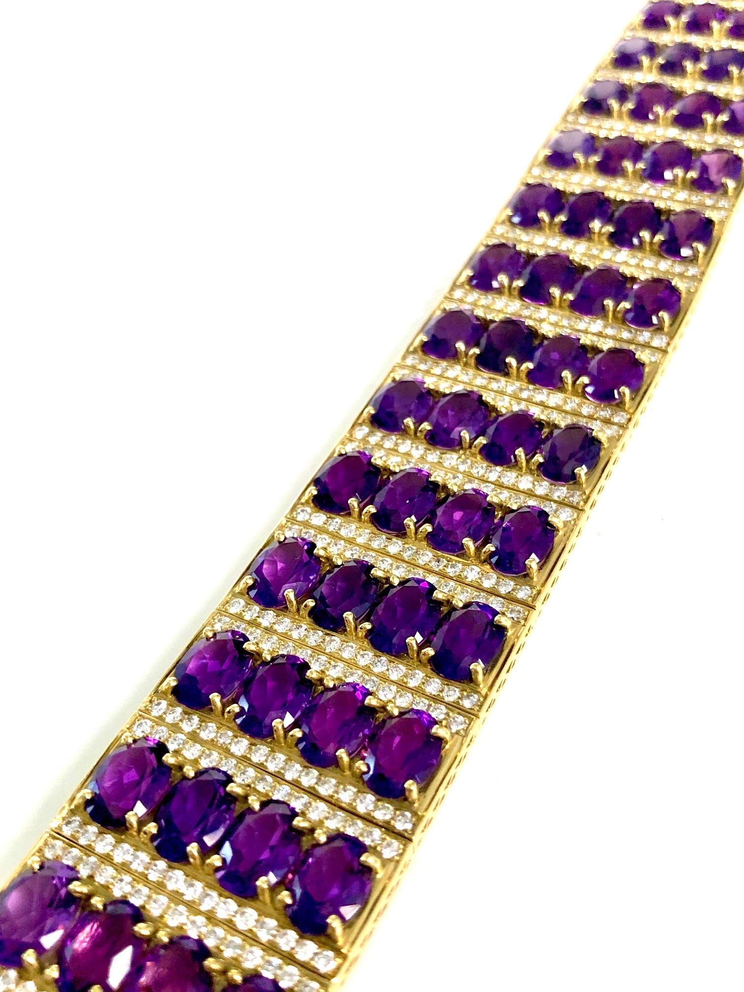 Contemporary 18 Karat Yellow Gold Diamond and Amethyst '70.0 Carat' Bracelet For Sale