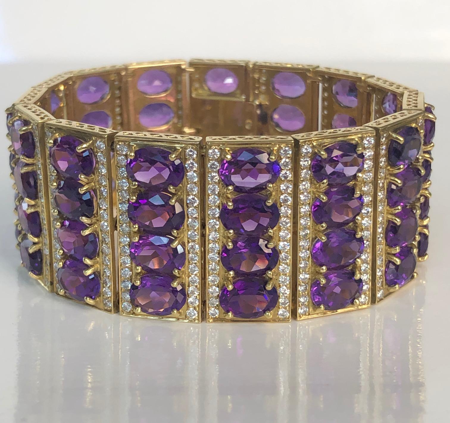 18 Karat Yellow Gold Diamond and Amethyst '70.0 Carat' Bracelet In New Condition For Sale In New York, NY