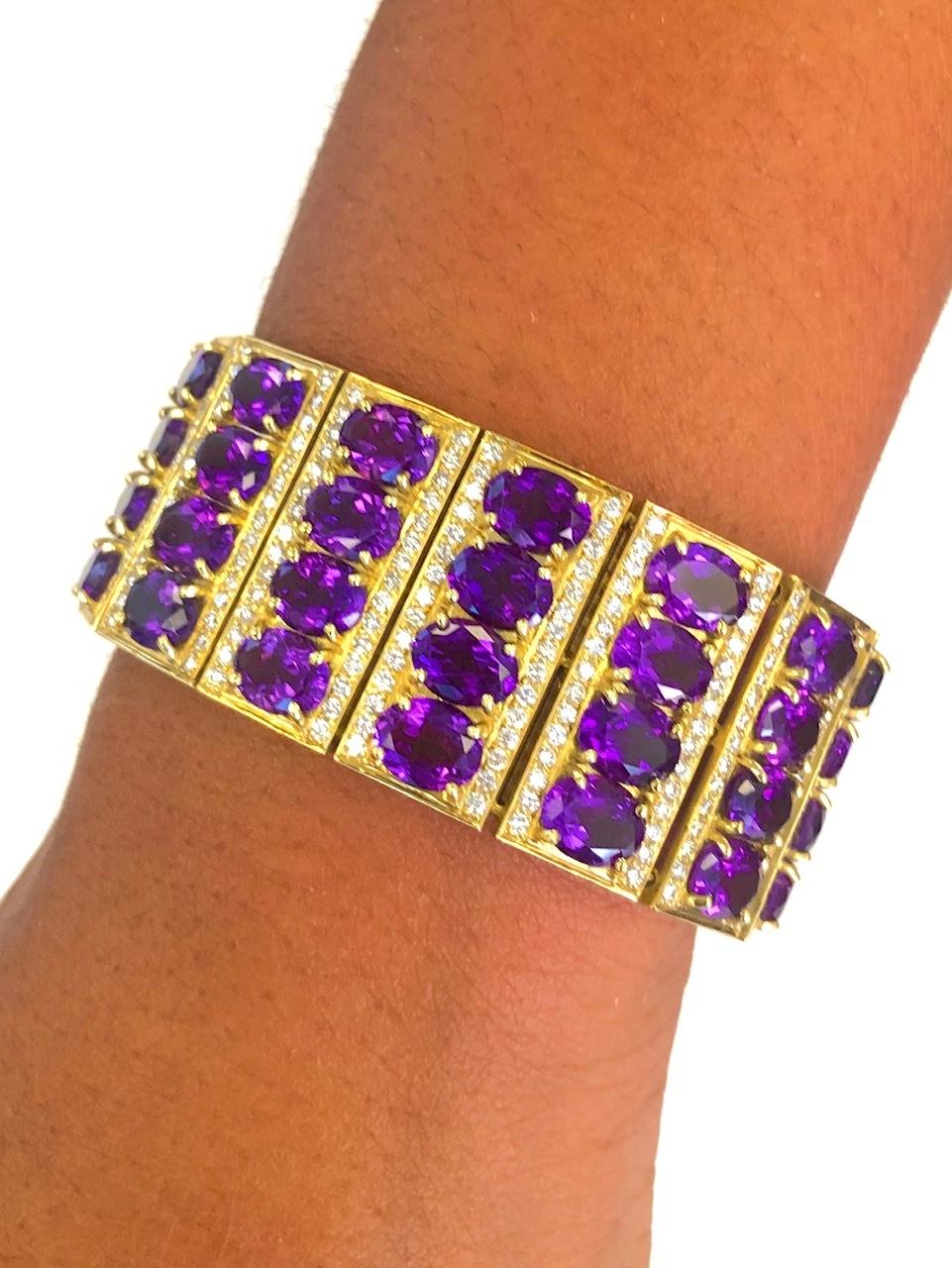 Women's 18 Karat Yellow Gold Diamond and Amethyst '70.0 Carat' Bracelet For Sale
