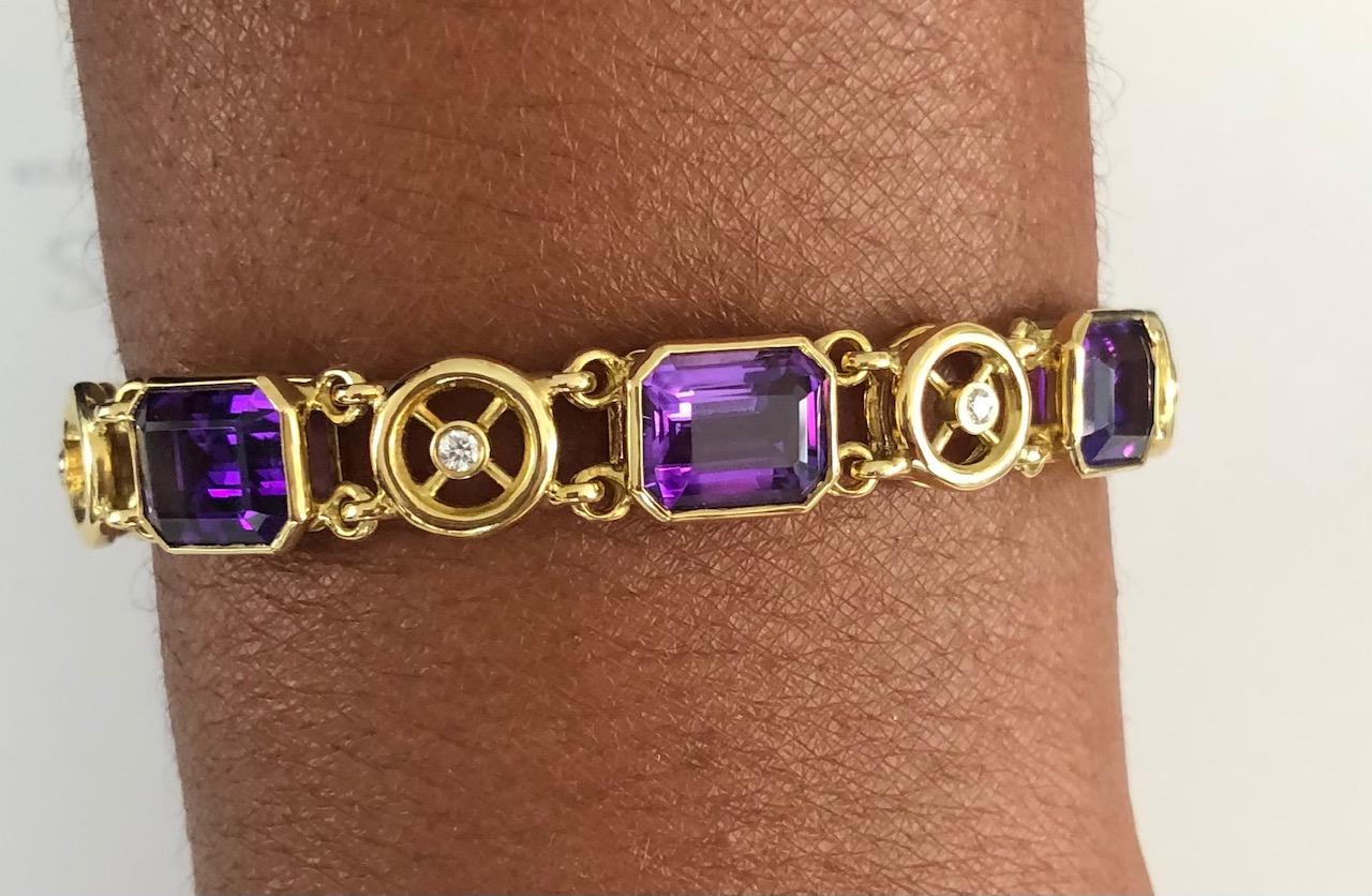 Women's 18 Karat Yellow Gold Diamond and Amethyst Line Bracelet For Sale