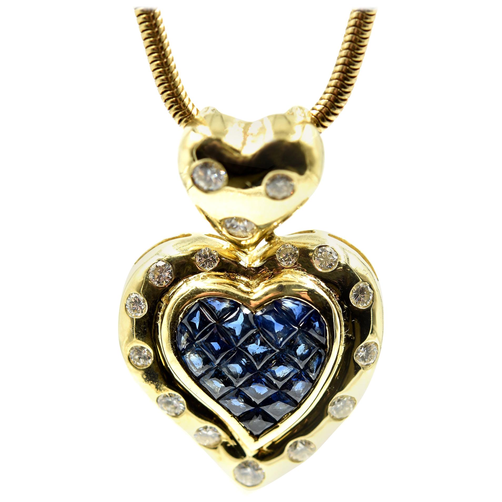 18 Karat Gold, Diamond and Blue Sapphire Heart Pendant on 14 Karat Snake Chain