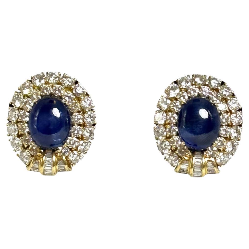 18K Yellow Gold Diamond and Cabochon Sapphire Clips/Earrings