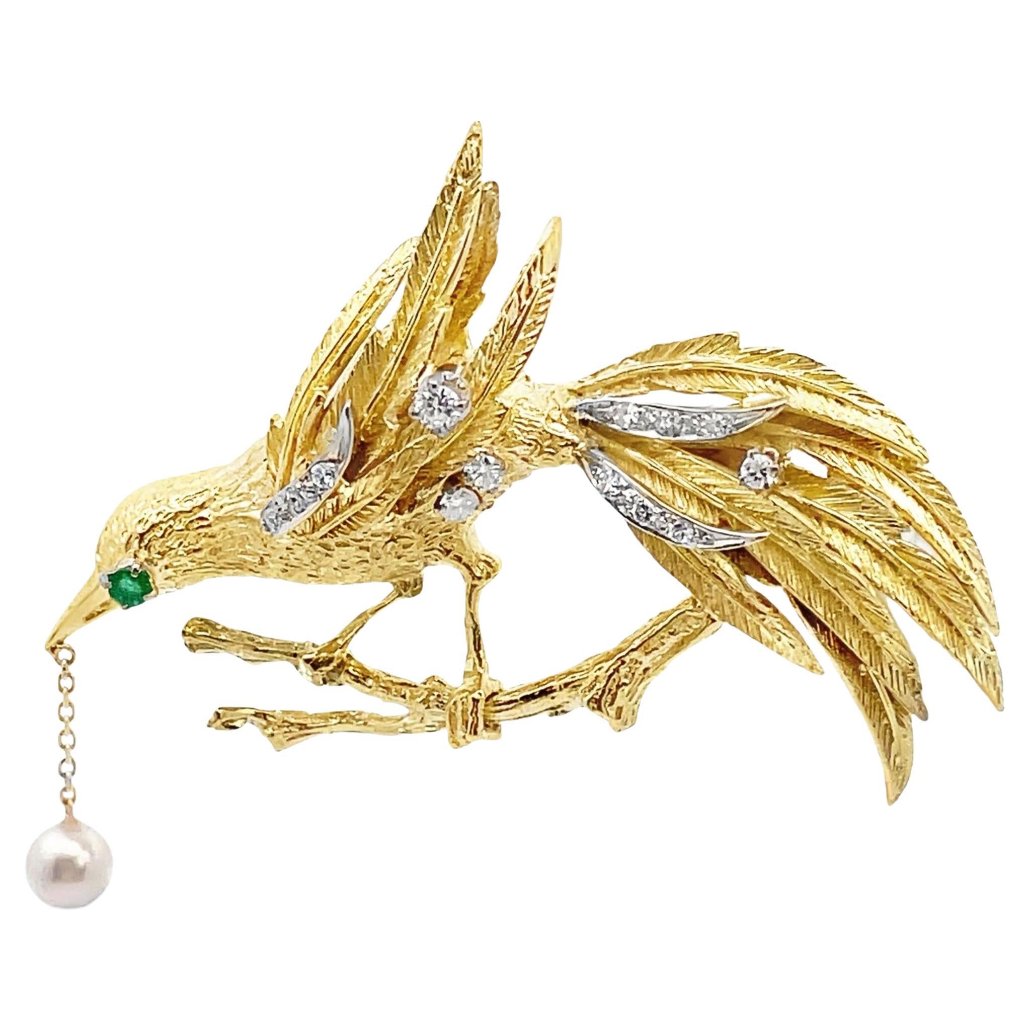 18K Yellow Gold Diamond and Emerald Bird Brooch with Dangling Pearl