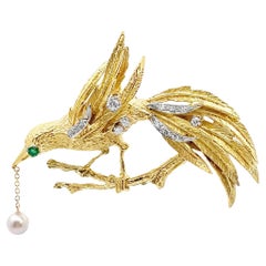 18K Yellow Gold Diamond and Emerald Bird Brooch with Dangling Pearl