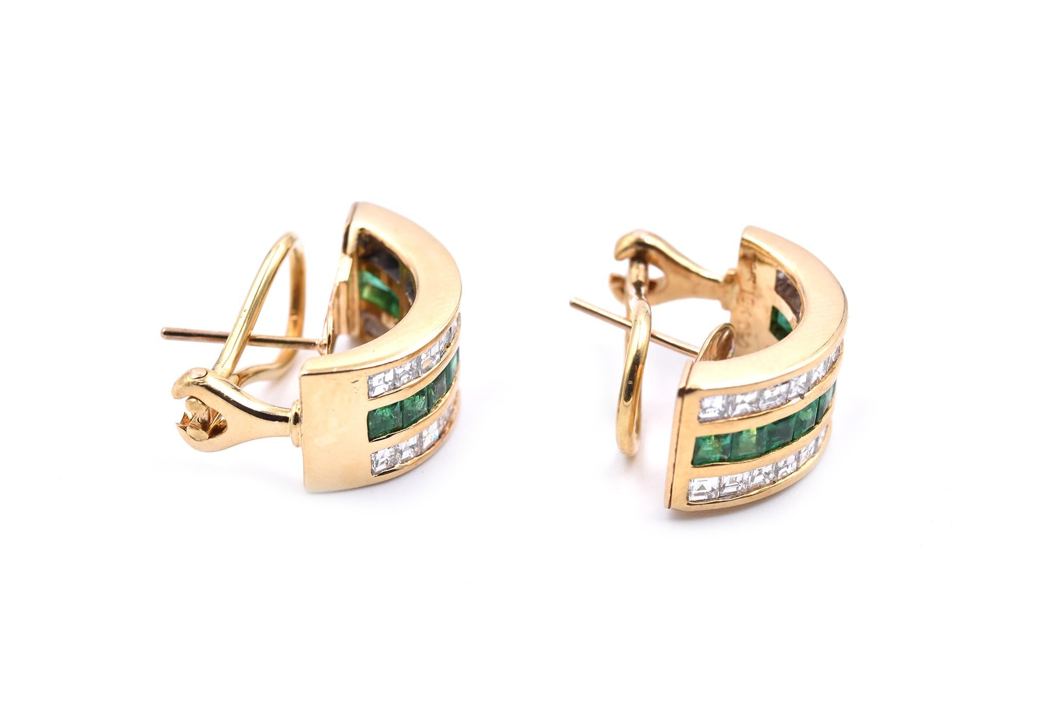 Designer: custom design
Material: 18k yellow gold
Emerald: square step cut= .75cttw
Diamonds: square cut= 1.76cttw
Color: G
Clarity: VS
Fastenings: post with Omega back
Dimensions: each earring is 8.90mm by 18.90mm
Weight: 11.78 grams
