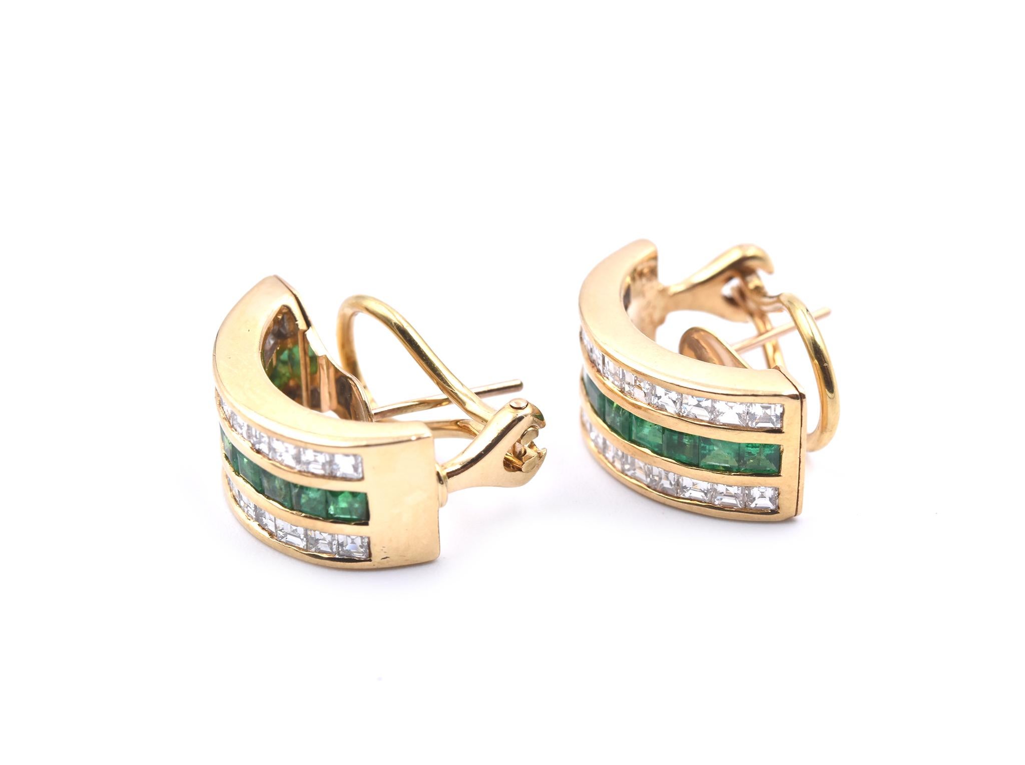 18 Karat Yellow Gold Diamond and Emerald Huggies In Excellent Condition In Scottsdale, AZ