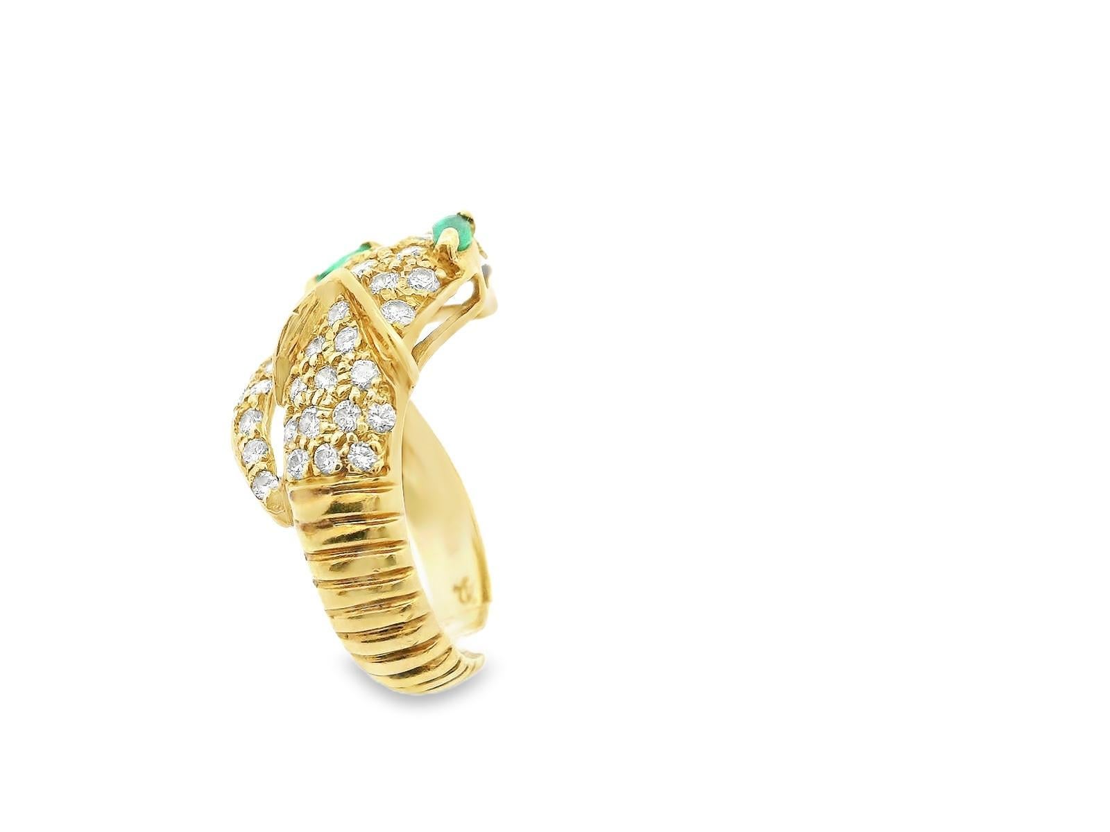 Women's 18K Yellow Gold Diamond and Emerald Snake Ring For Sale