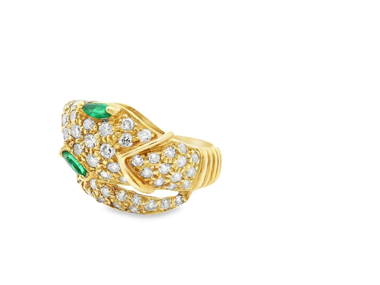 18K Yellow Gold Diamond and Emerald Snake Ring For Sale 2
