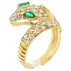 18K Yellow Gold Diamond and Emerald Snake Ring