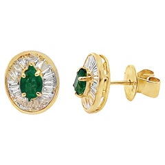 18K Yellow Gold Oval Emerald Pushback Stud Earrings with Baguette Diamond Halos