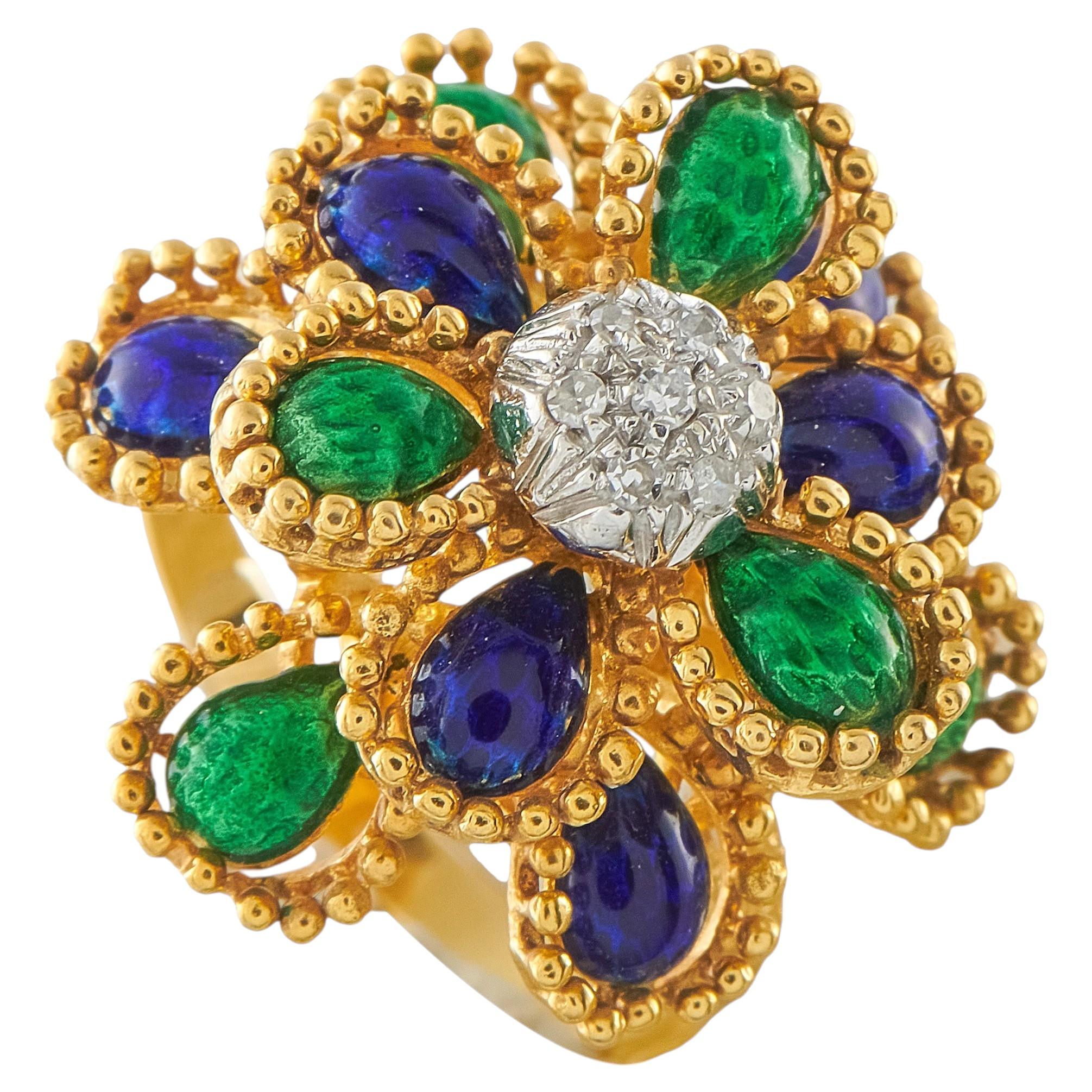 18K Yellow Gold Diamond and Enamel Flower Cocktail Ring MF05-063026