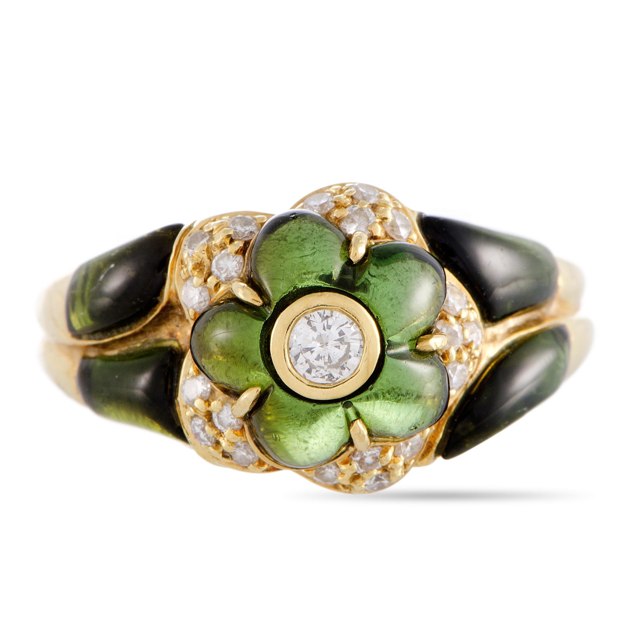 18 Karat Yellow Gold Diamond and Green Tourmaline Flower Band Ring 1