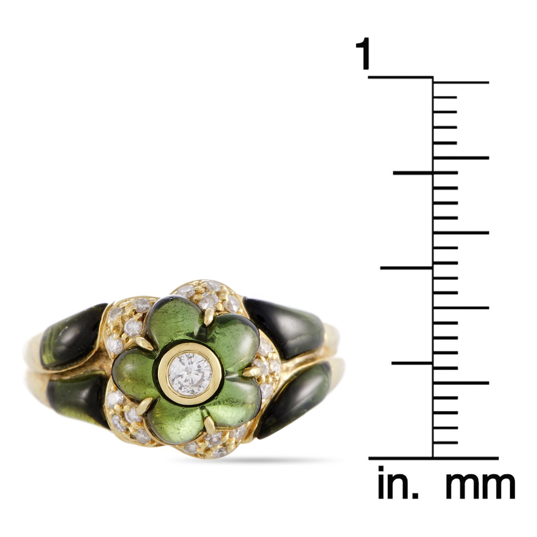 18 Karat Yellow Gold Diamond and Green Tourmaline Flower Band Ring 2