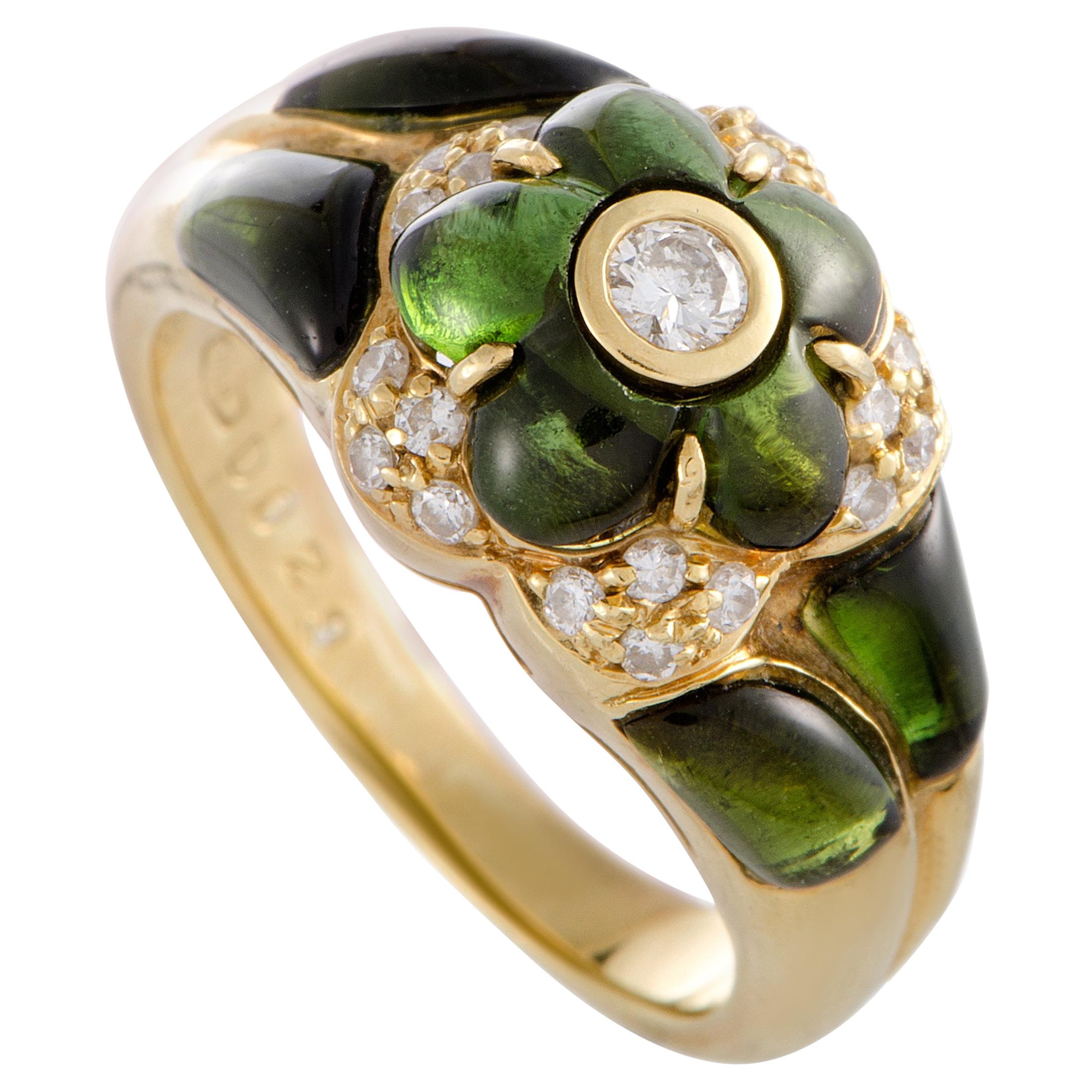 18 Karat Yellow Gold Diamond and Green Tourmaline Flower Band Ring
