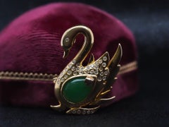 18K Yellow Gold Diamond and Jade Swan Brooch Pin