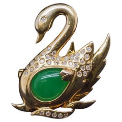 18K Yellow Gold Diamond and Jade Swan Brooch Pin